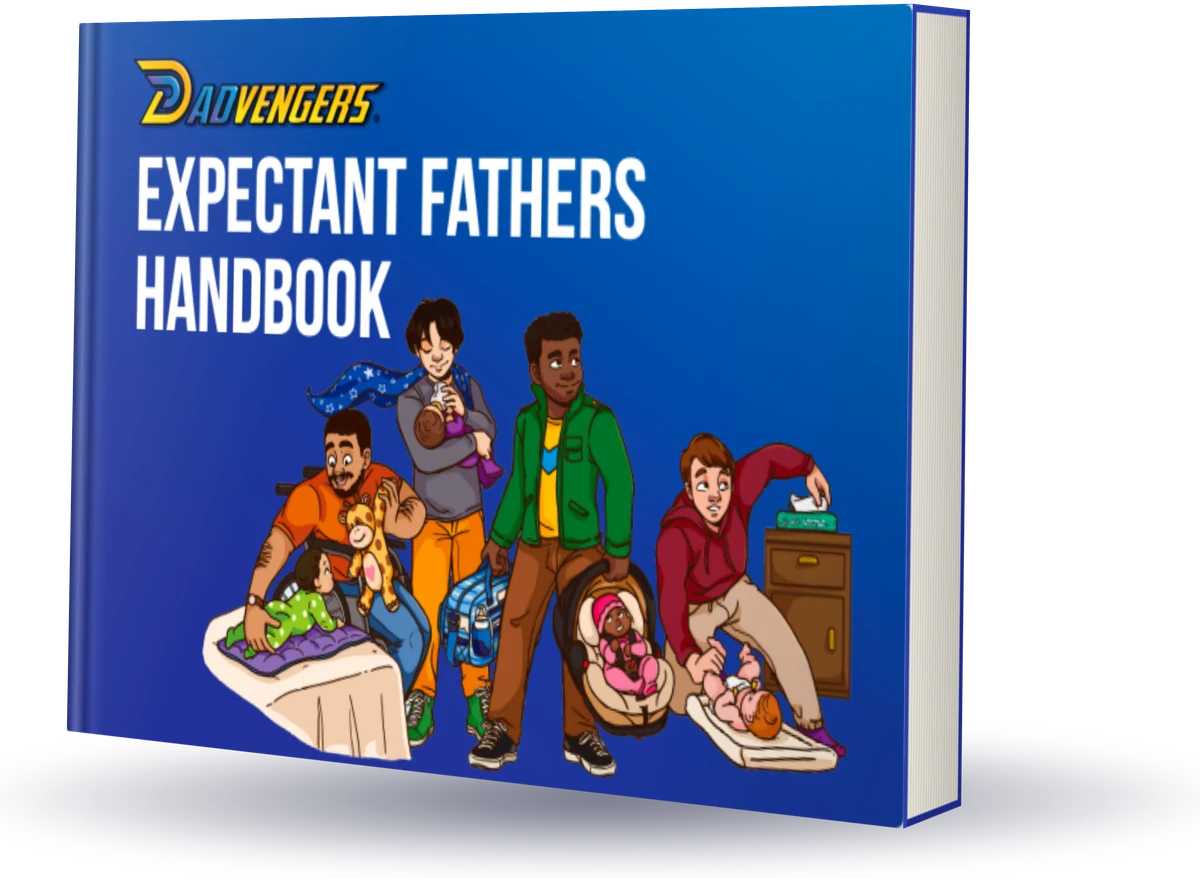 The Dadvengers Expectant Fathers Handbook book cover, showing four illustrated dads caring for their babies